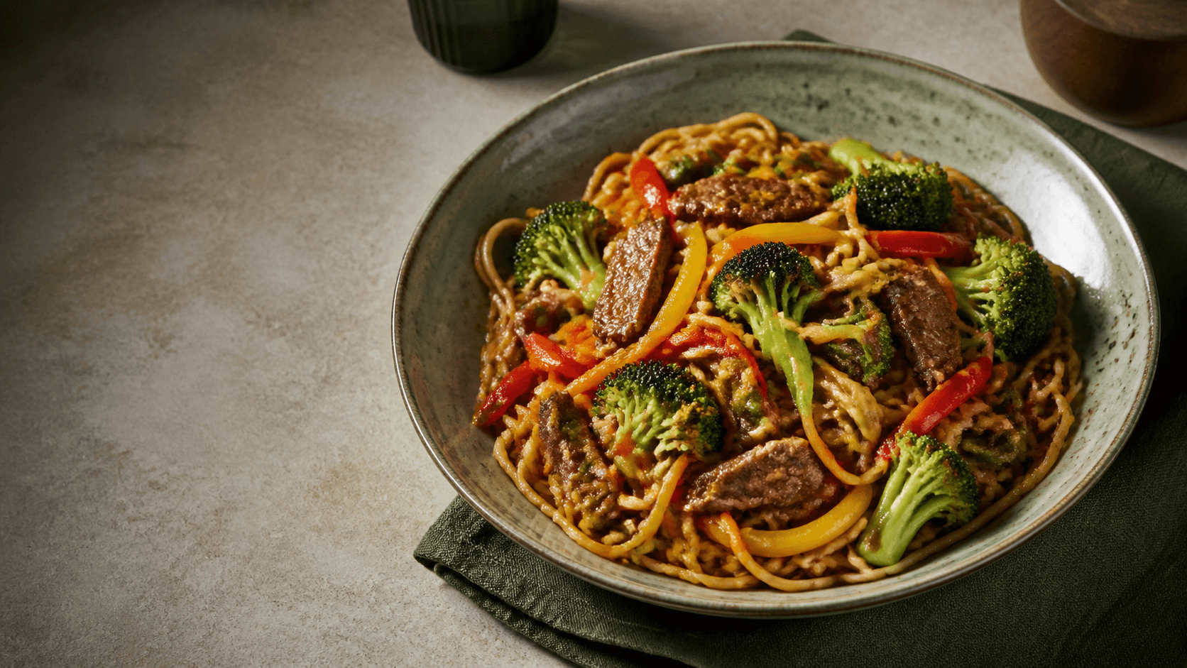 A colorful home-cooked noodle stir-fry